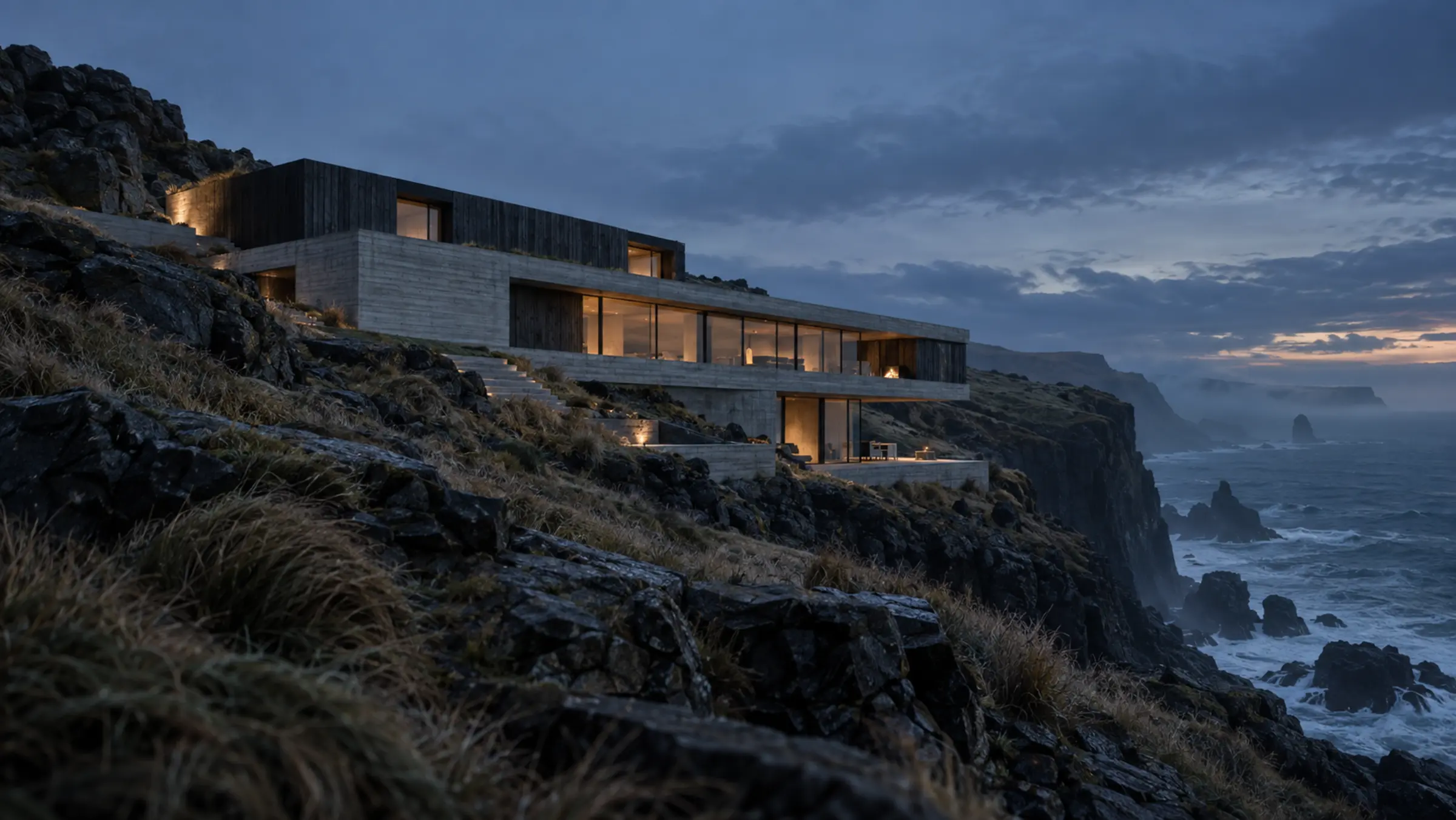 Concept image of Northline, a three-level concrete and timber residence set into a basalt coastal cliff at dusk